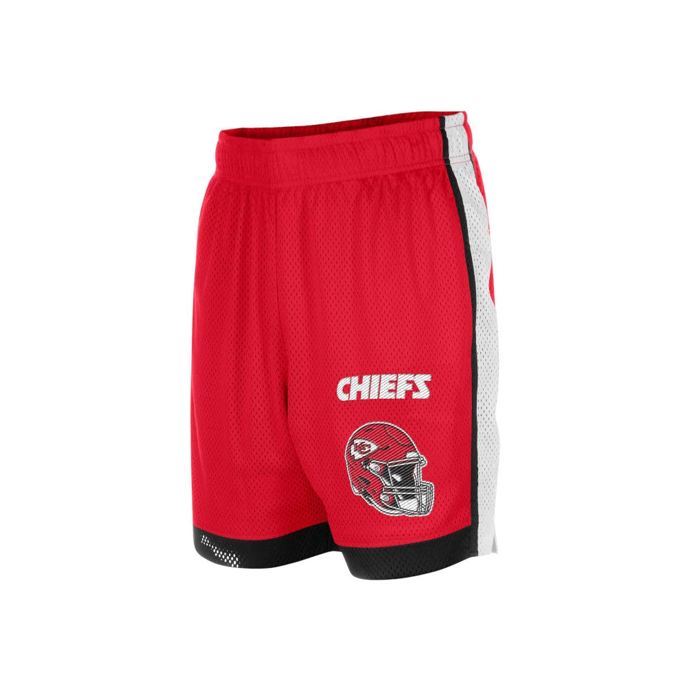 New Era Kansas City Chiefs NFL Red Mesh Shorts, front three-quarter view showing a white CHIEFS print above a detailed helmet graphic on one leg, with side stripes in contrasting grey and black along the edge.
