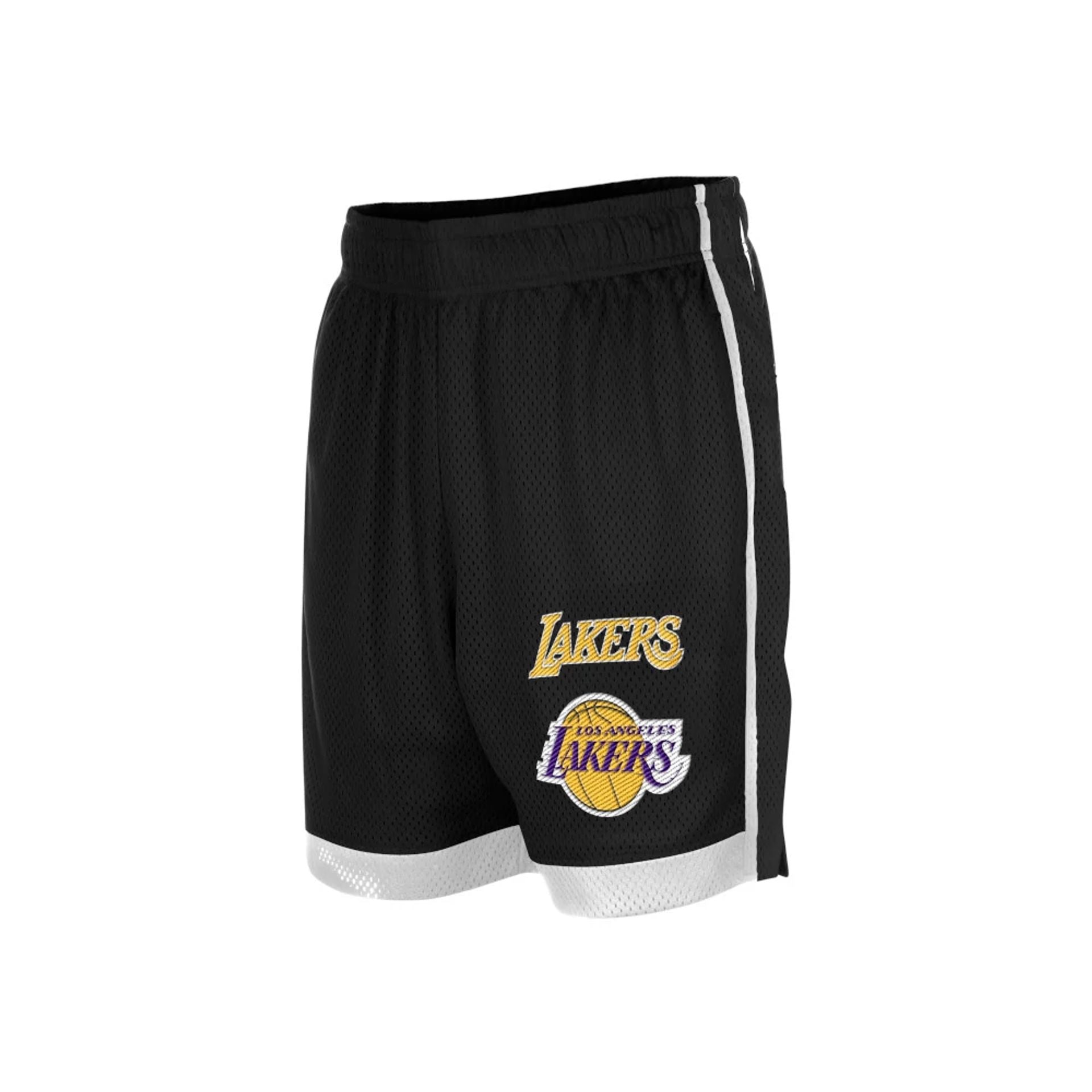 The model is wearing these NBA LA Lakers Mesh Shorts in black. 2