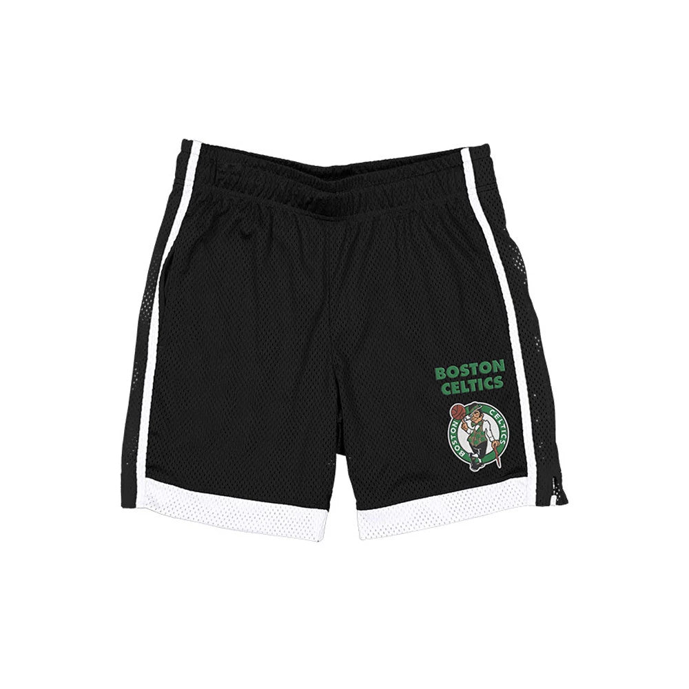 New Era Boston Celtics NBA Black Mesh Shorts, front view showing the green embroidered team logo and Boston Celtics lettering on the left leg, with contrasting white stripes running down the sides and a white trim at the leg openings.