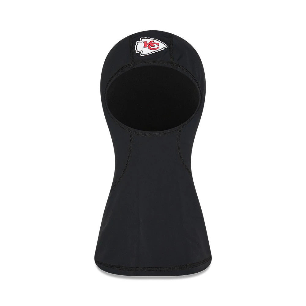 New Era Kansas City Chiefs NFL Sideline 2025 Black Balaclava, front view showing the red and white embroidered team logo on the forehead area against the black fabric and a close-fitting design covering most of the head and neck.
