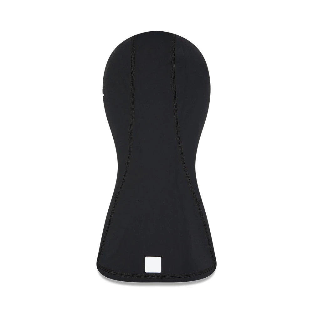 New Era Kansas City Chiefs NFL Sideline 2025 Black Balaclava, rear view showing the sculpted shape and flat seams, with a small white square detail near the hem on the black fabric.