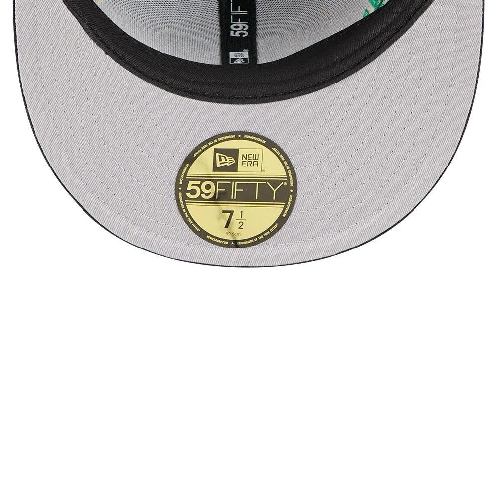 Mexico WBC Latin Embroidery Black New Era 59FIFTY Fitted Cap, inside view showing the black taping with white branding, light grey undervisor with a gold 59FIFTY size sticker, and black sweatband.