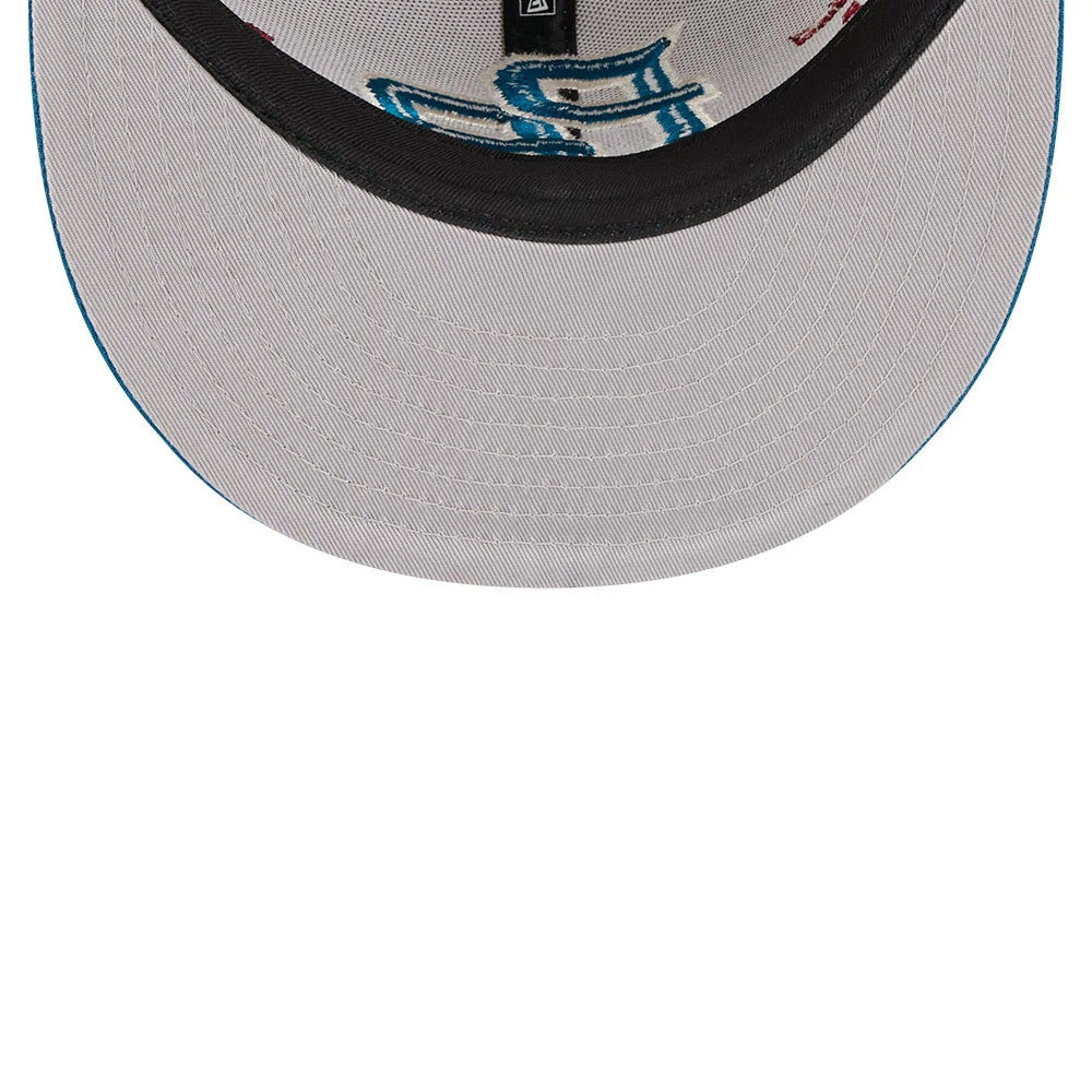 Puerto Rico WBC Latin Embroidery Light Beige New Era 59FIFTY Fitted Cap, inside view showing embroidered blue design on the crown, grey undervisor, and black sweatband with the New Era tag on taping.