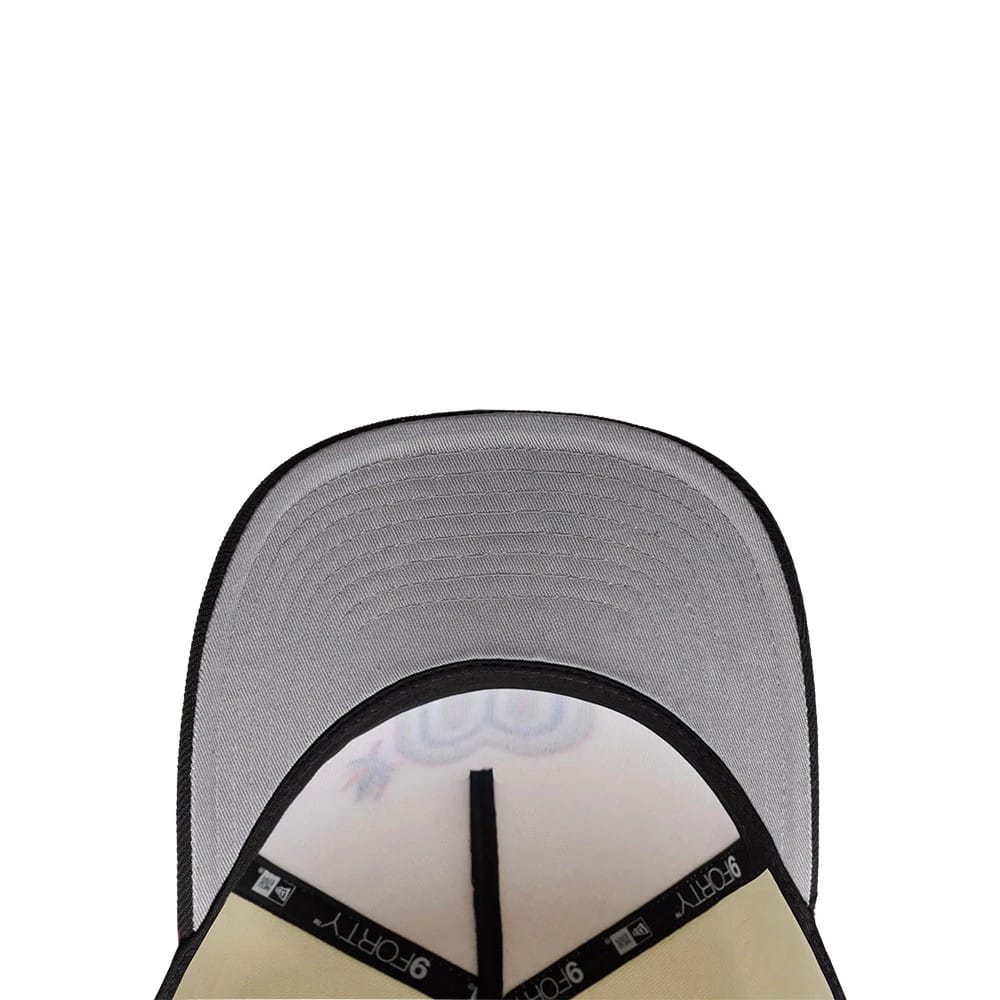 Mexico WBC Latin Embroidery White New Era 9FORTY M-Crown A-Frame Adjustable Cap, inside view showing the grey undervisor, black 9FORTY taping along the seams, and a beige sweatband lining the inner edge.