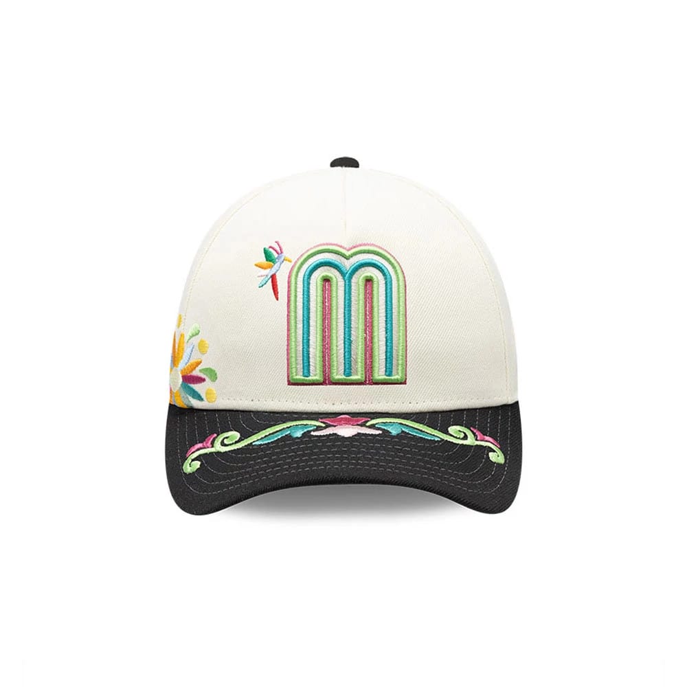 Mexico WBC Latin Embroidery White New Era 9FORTY M-Crown A-Frame Adjustable Cap, front view showing colourful embroidered M logo with intricate floral patterns on the visor and crown, featuring a parrot motif to the side.