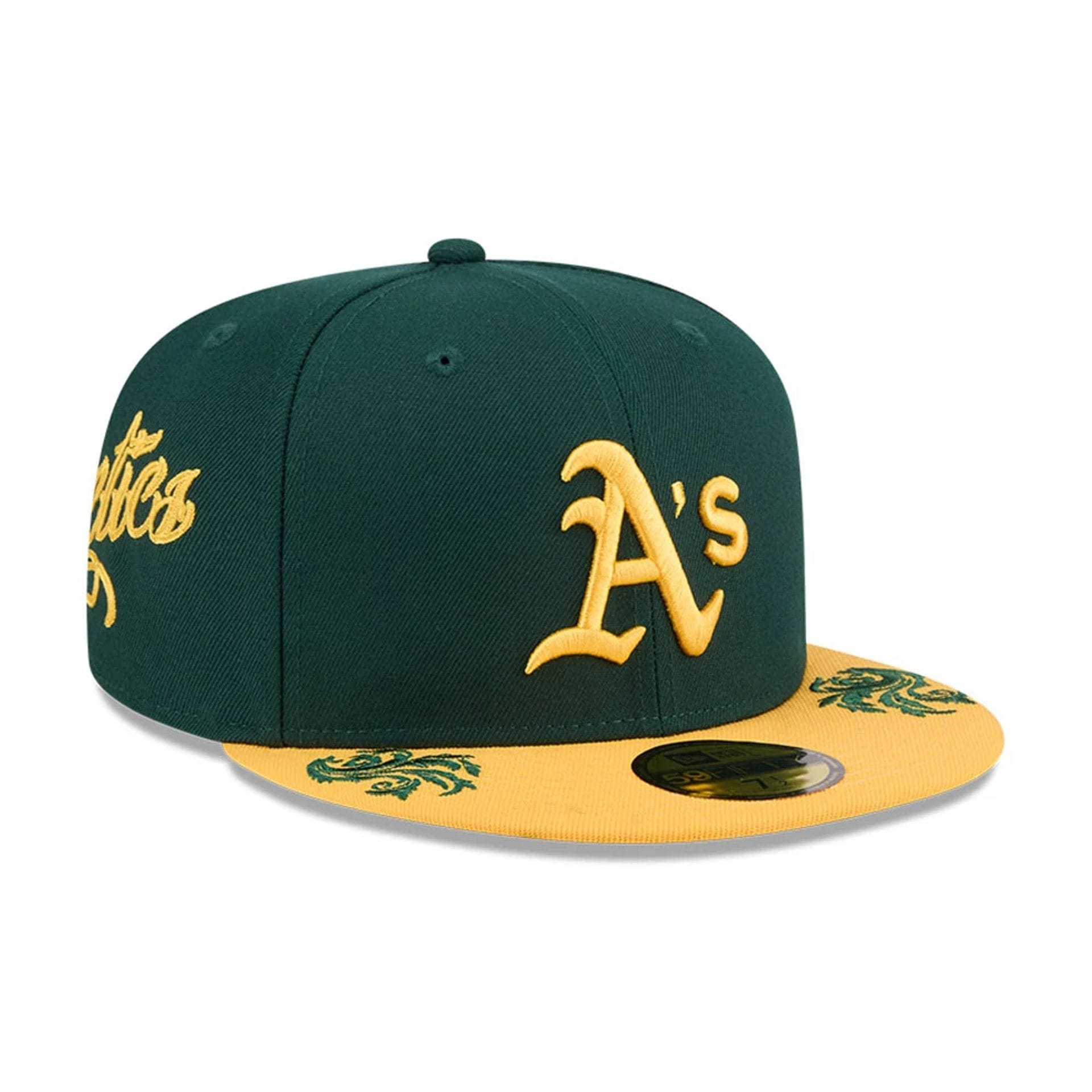 Pictured is this MLB Script Athletics 59FIFTY Fitted cap in dark green. 1