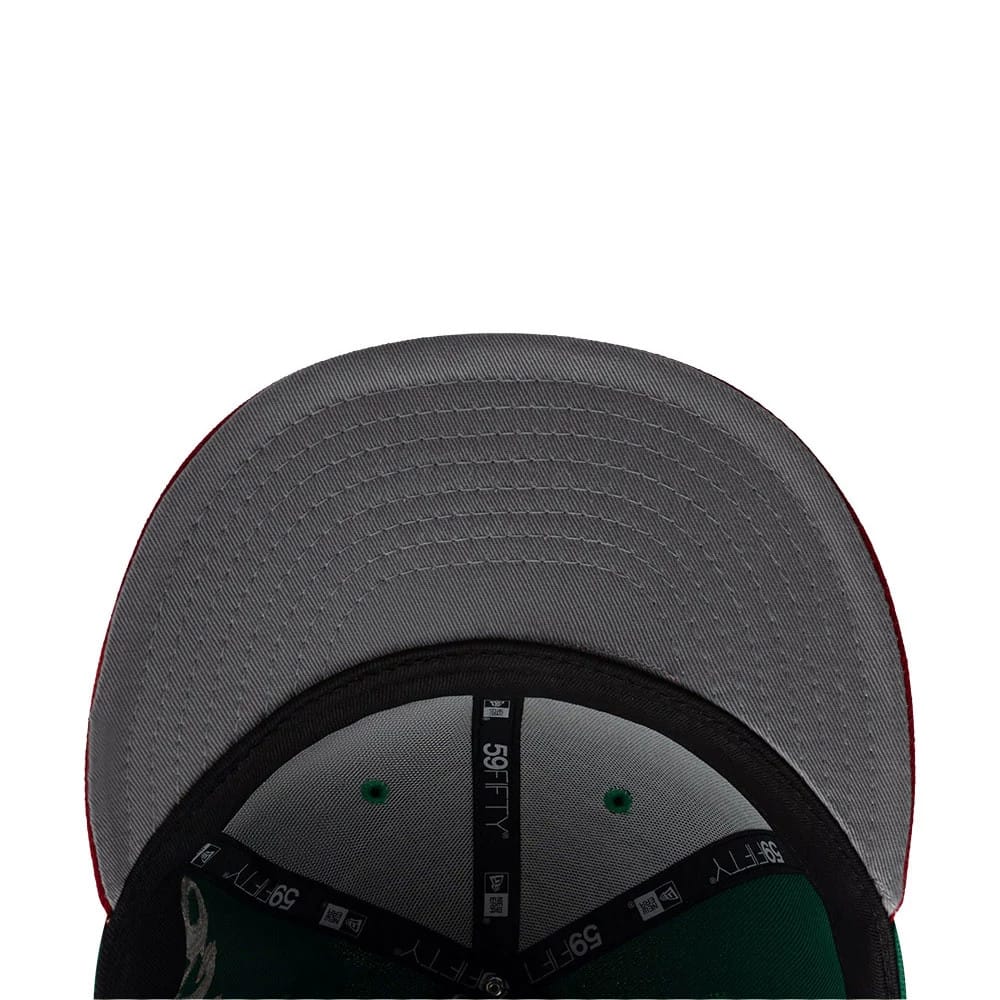Mexico LMB Wordmark Green New Era 59FIFTY Fitted Cap, inside view showing the grey undervisor, black 59FIFTY branded taping, black sweatband, and green eyelets on the green cap material.