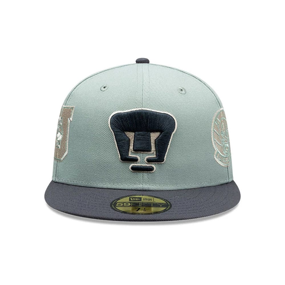 Pumas Unam Liga MX Pastel Green New Era 59FIFTY Fitted Cap, front view with raised black and tan embroidered Pumas logo on the front panel, grey flat visor, and gold 59FIFTY size sticker.