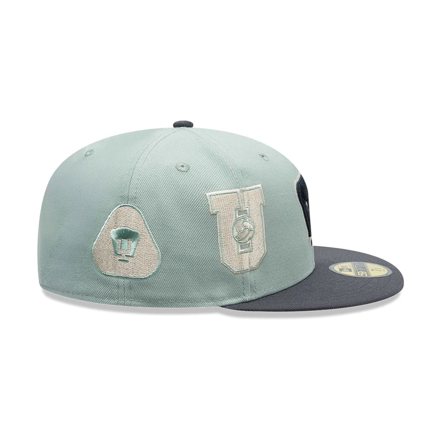 Pumas Unam Liga MX Pastel Green New Era 59FIFTY Fitted Cap, side view showing two embroidered logos on the side of the structured pastel green crown and featuring a contrasting dark grey flat visor with a gold 59FIFTY size sticker.