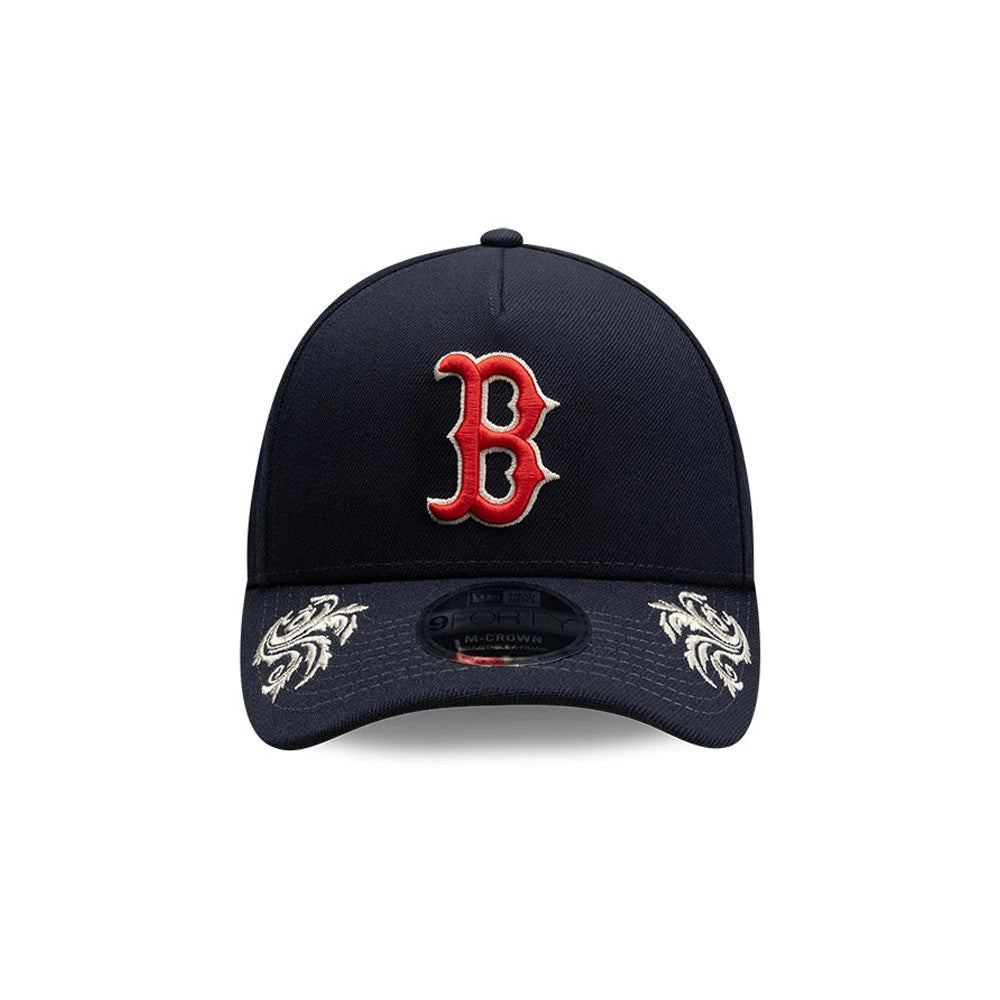Pictured is this MLB Script Boston Red Sox 9FORTY M-Crown A-Frame Adjustable cap in navy. 3