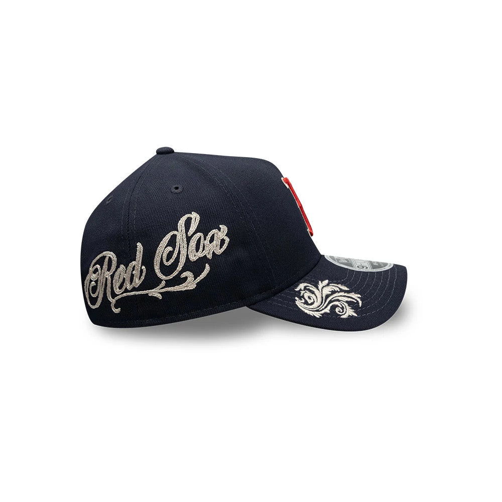 Pictured is this MLB Script Boston Red Sox 9FORTY M-Crown A-Frame Adjustable cap in navy. 6