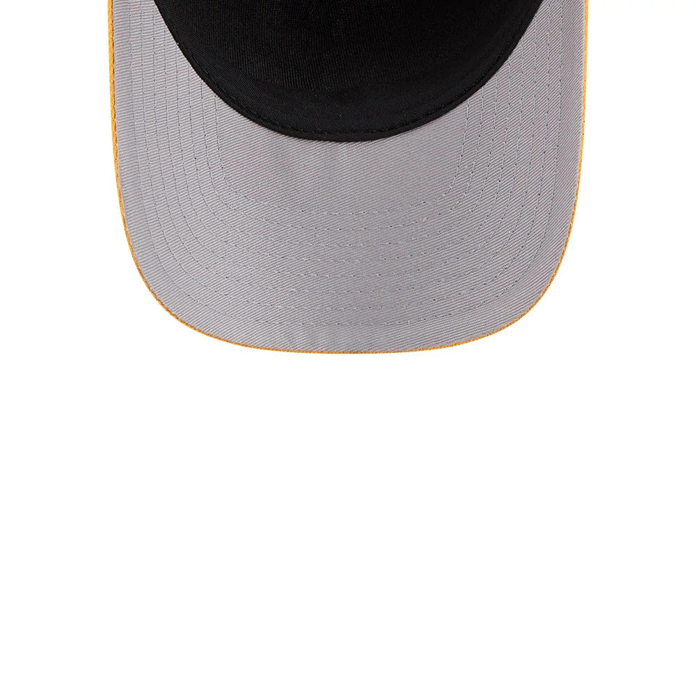 Athletics MLB Script Dark Green New Era 9FORTY M-Crown A-Frame Adjustable Cap, inside view showing the grey undervisor with a curved shape, contrasting against the dark green top and yellow stitching along the visor's edge.