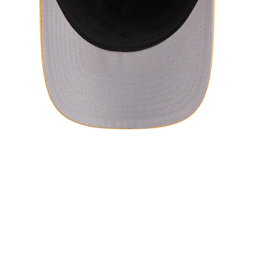 Athletics MLB Script Dark Green New Era 9FORTY M-Crown A-Frame Adjustable Cap, inside view showing the grey undervisor with a curved shape, contrasting against the dark green top and yellow stitching along the visor's edge.