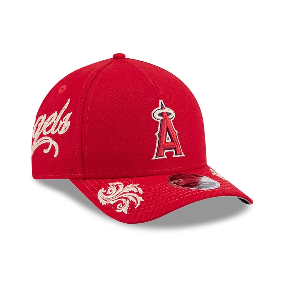 Pictured is this MLB Script LA Angels 9FORTY M-Crown A-Frame Adjustable cap in red. 1