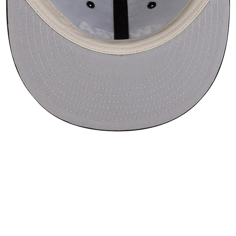 FOG x WNBA Logo Black Retro Crown New Era 9FIFTY Adjustable Cap, inside view showing the grey undervisor with black stitching, black sweatband, and internal taping detail across the cap panels.