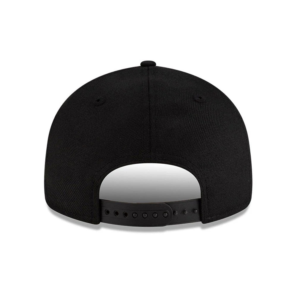 FOG x WNBA Logo Black Retro Crown New Era 9FIFTY Adjustable Cap, rear view showing the structured black crown with a snapback closure, eyelets for ventilation, and a top button, without any logos or embroidery.