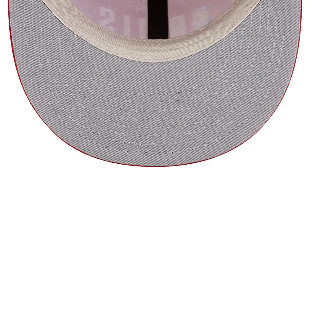 Chicago Bulls FOG x NBA Red Retro Crown New Era 9FIFTY Adjustable Cap, inside view showing the grey undervisor with a red edge, white sweatband, and black taping, with 'Bulls' lettering through the fabric.