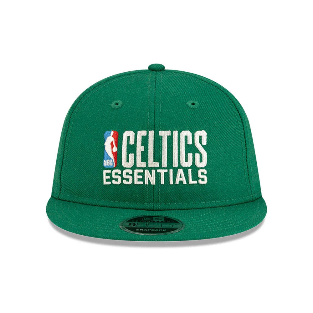Boston Celtics FOG x NBA Green Retro Crown New Era 9FIFTY Adjustable Cap, front view showing white embroidered Celtics Essentials text with the NBA logo on the structured green crown, flat green visor and 9FIFTY size sticker.