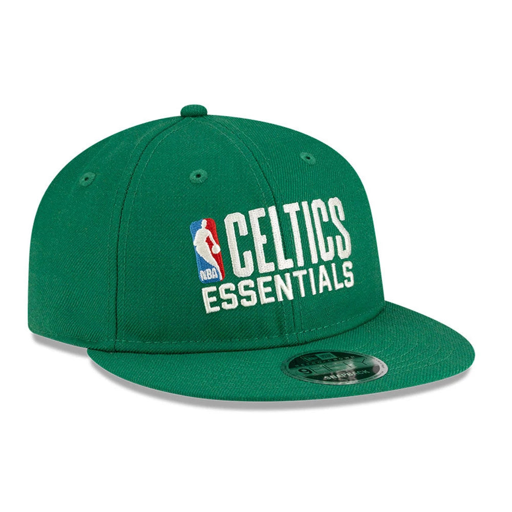 Boston Celtics FOG x NBA Green Retro Crown New Era 9FIFTY Adjustable Cap, three-quarter view with raised white Celtics Essentials embroidery and NBA logo on the front panels, flat green visor and 9FIFTY size sticker.