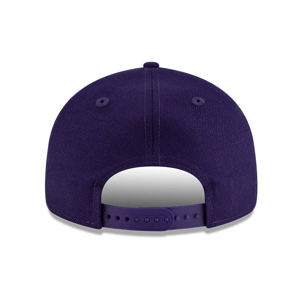 LA Lakers FOG x NBA Dark Purple Retro Crown New Era 9FIFTY Adjustable Cap, rear view showing the dark purple adjustable snapback closure and matching top button, set against the dark purple structured crown.