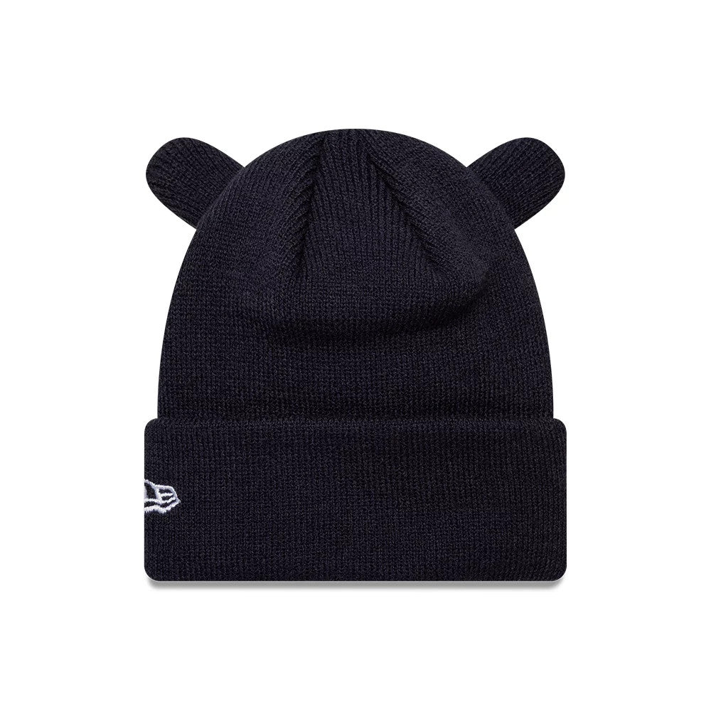 New Era Red Bull Racing Toddler Ears Dark Blue Cuff Knit Beanie Hat, front view showing the unique bear ear design with a folded cuff featuring embroidered Red Bull logo on the left side.
