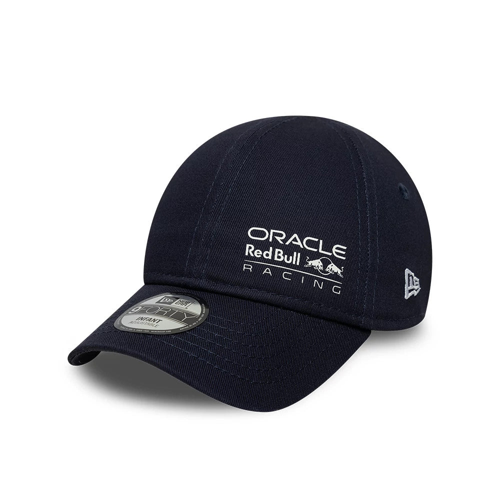 Red Bull Racing Infant My 1st Knit Dark Blue New Era 9FORTY Adjustable Cap, three-quarter view with a raised white Red Bull Racing logo embroidered on the front panel, curved visor and 9FORTY size sticker on the dark blue fabric.