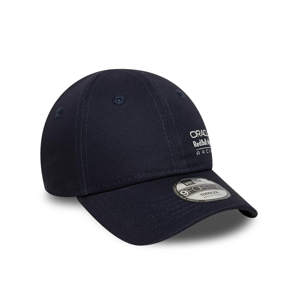 Red Bull Racing Toddler Navy New Era 9FORTY Adjustable Cap, three-quarter view showing the white embroidered Oracle Red Bull Racing logo on the front panel and a 9FORTY size sticker on the curved navy visor.
