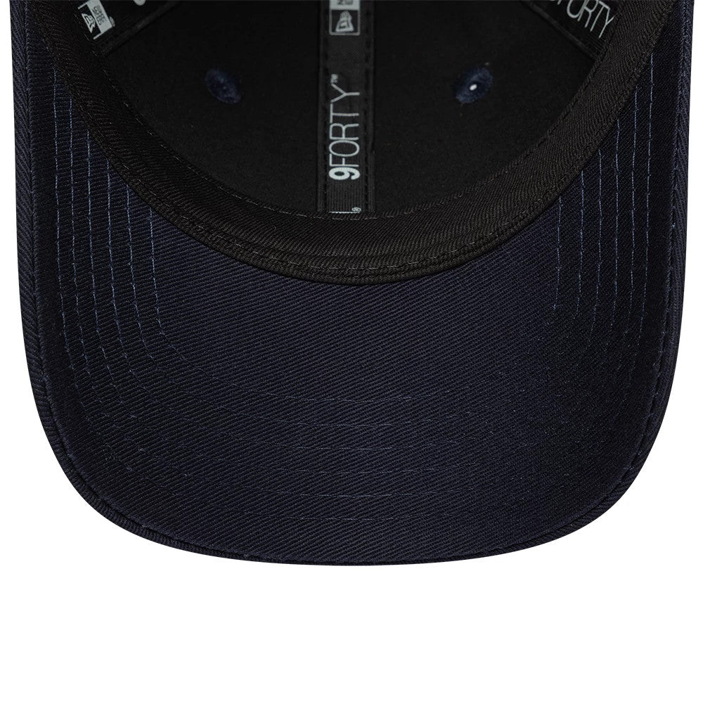 Red Bull Racing Toddler Navy New Era 9FORTY Adjustable Cap, inside view showing the black sweatband, navy undervisor with stitching, and 9FORTY printed taping along the inner crown.
