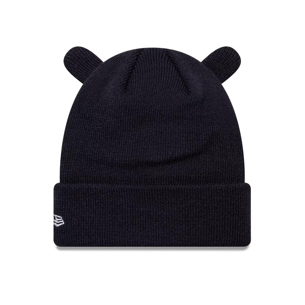 New Era Red Bull Racing Child Ears Dark Blue Cuff Knit Beanie Hat, front view showing the knitted ear details protruding from the top, with the white New Era flag logo embroidered on the left side of the cuff.