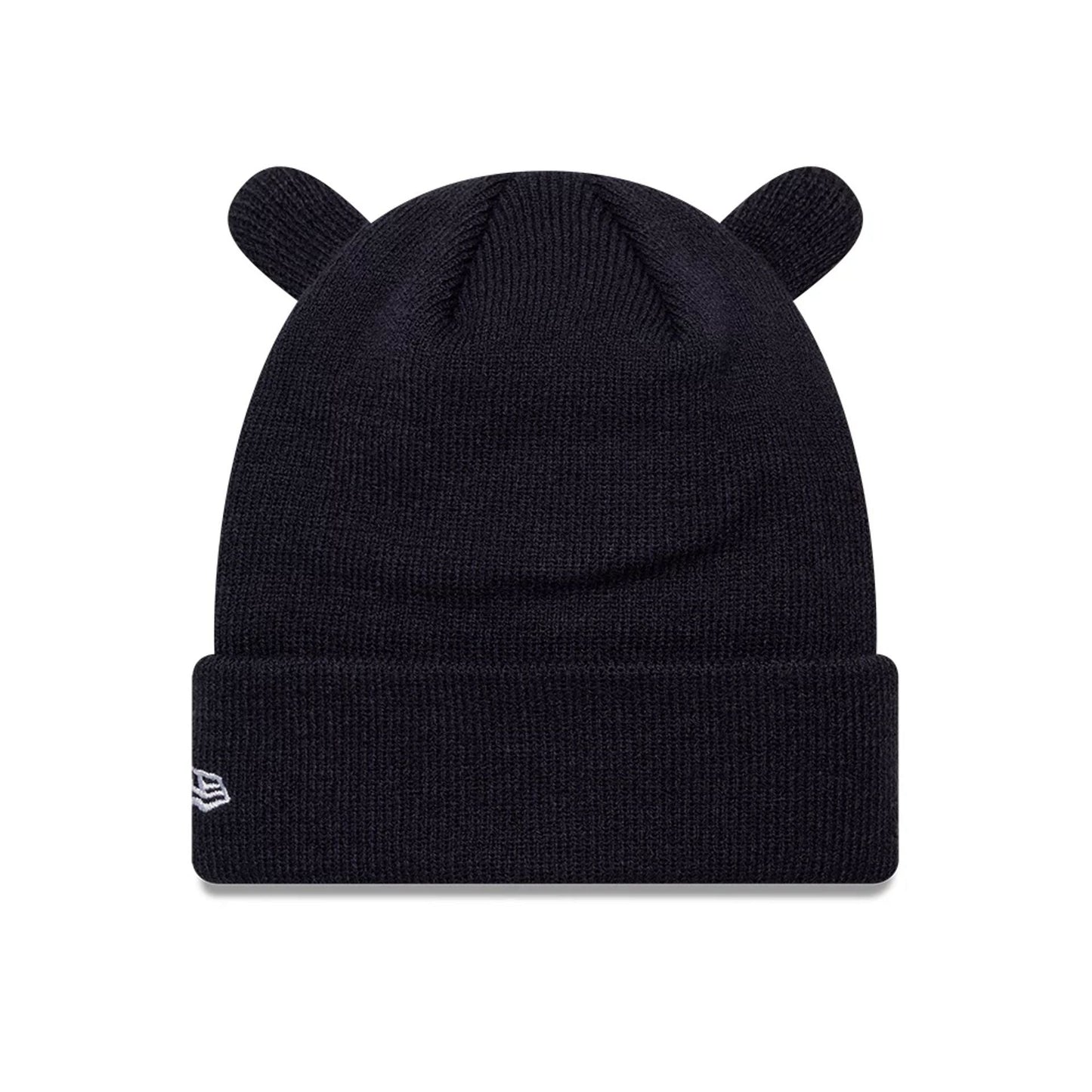 New Era Red Bull Racing Child Ears Dark Blue Cuff Knit Beanie Hat, front view showing the knitted ear details protruding from the top, with the white New Era flag logo embroidered on the left side of the cuff.