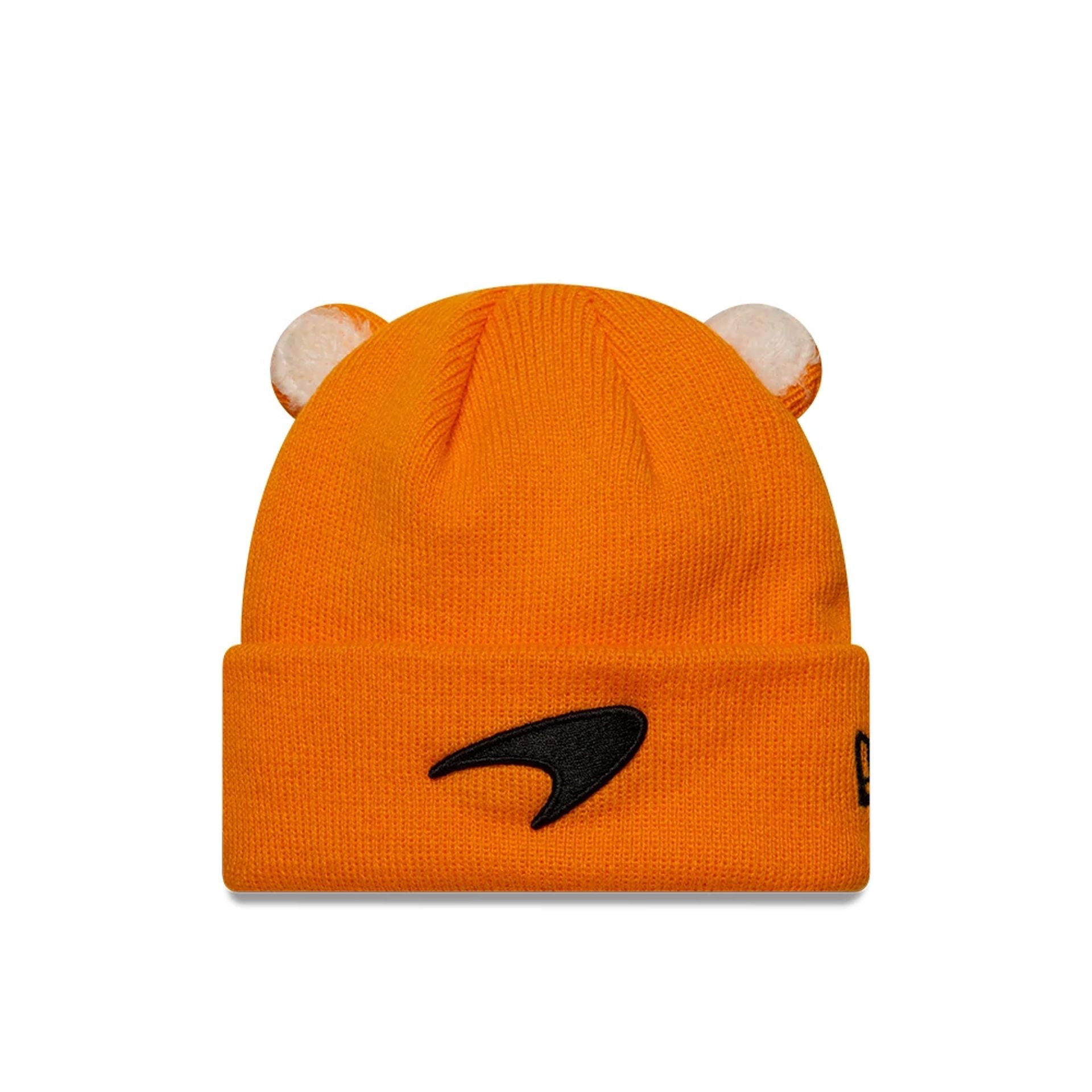 This is a McLaren Racing Infant Ears Orange Cuff Knit Beanie Hat 1