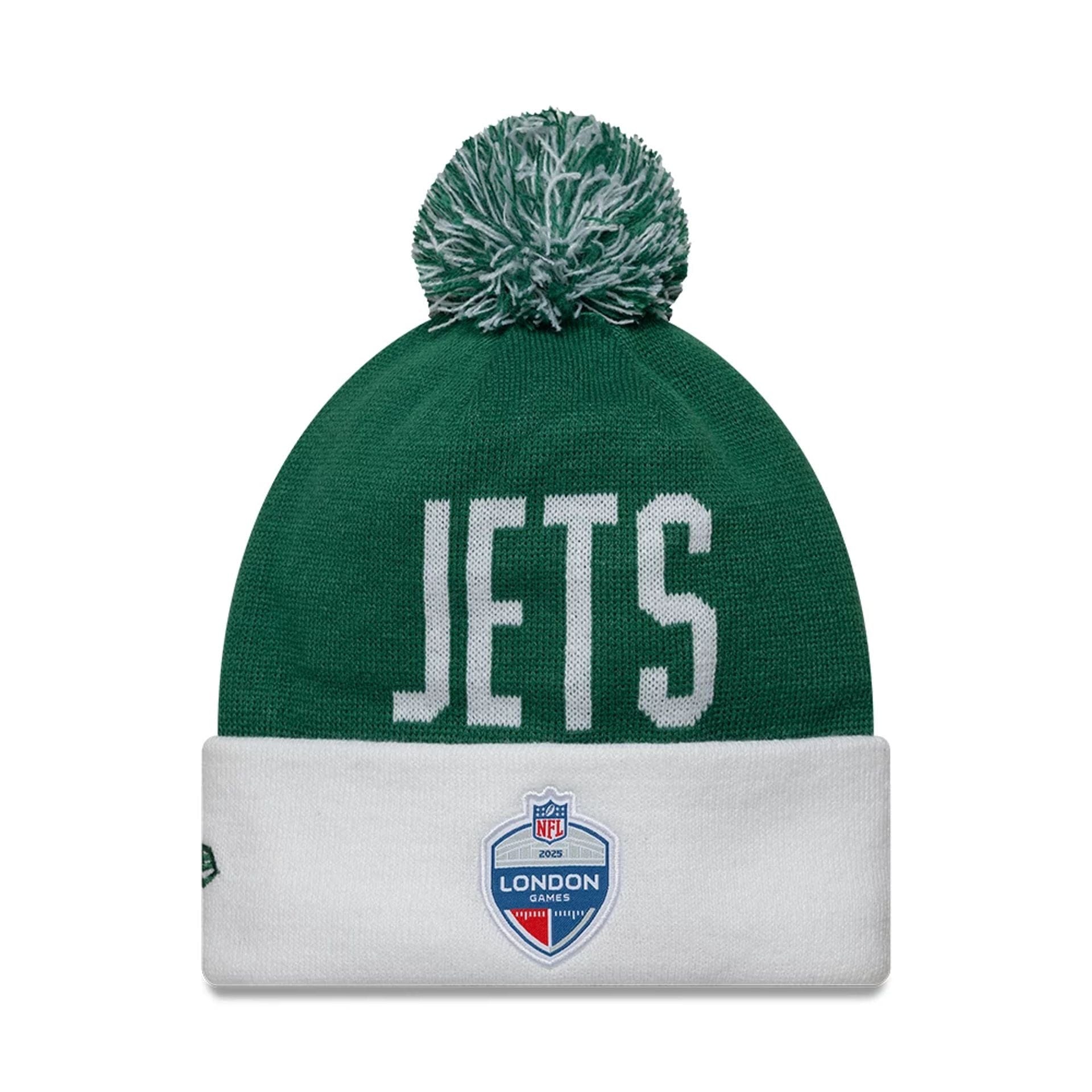 This is a New York Jets NFL London Games 2025 Green Cuff Knit Beanie Hat 2