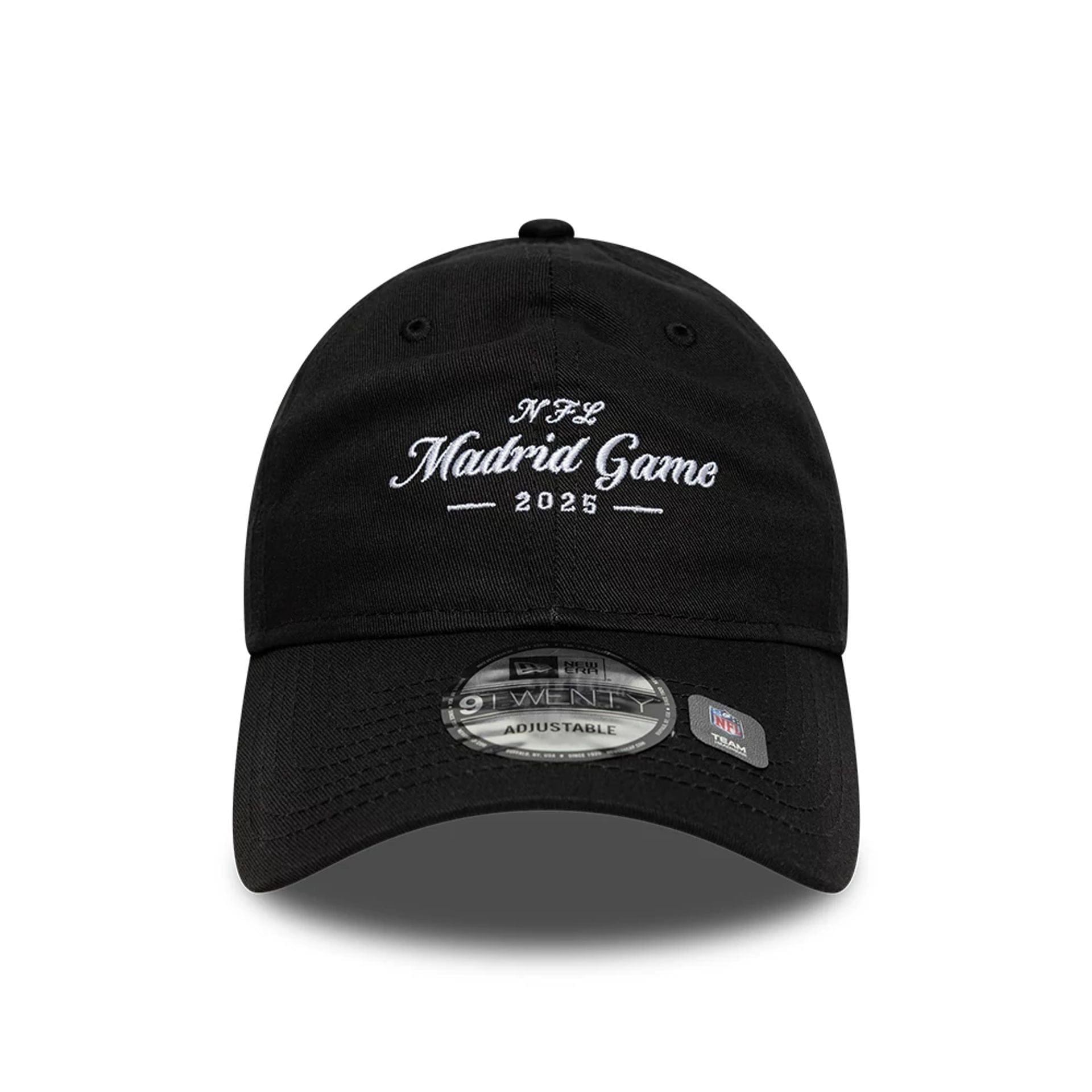 This is a Shield Logo NFL Madrid Game 2025 Black 9TWENTY Adjustable Cap 2