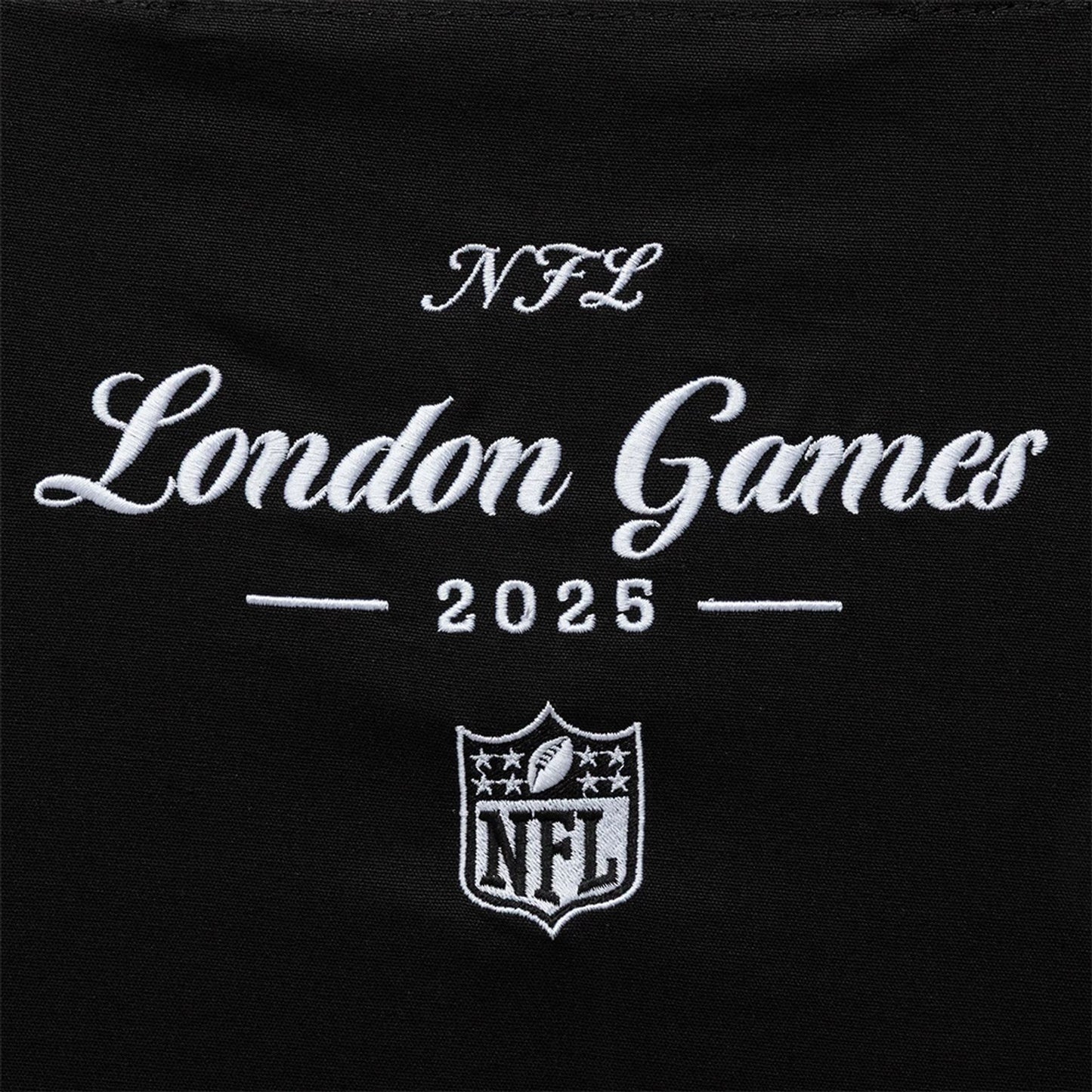 This is a Shield Logo NFL London Games 2025 Black Tote Bag 3