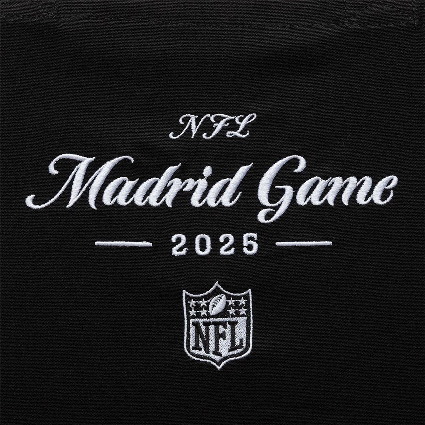 This is a Shield Logo NFL Madrid Game 2025 Black Tote Bag 3