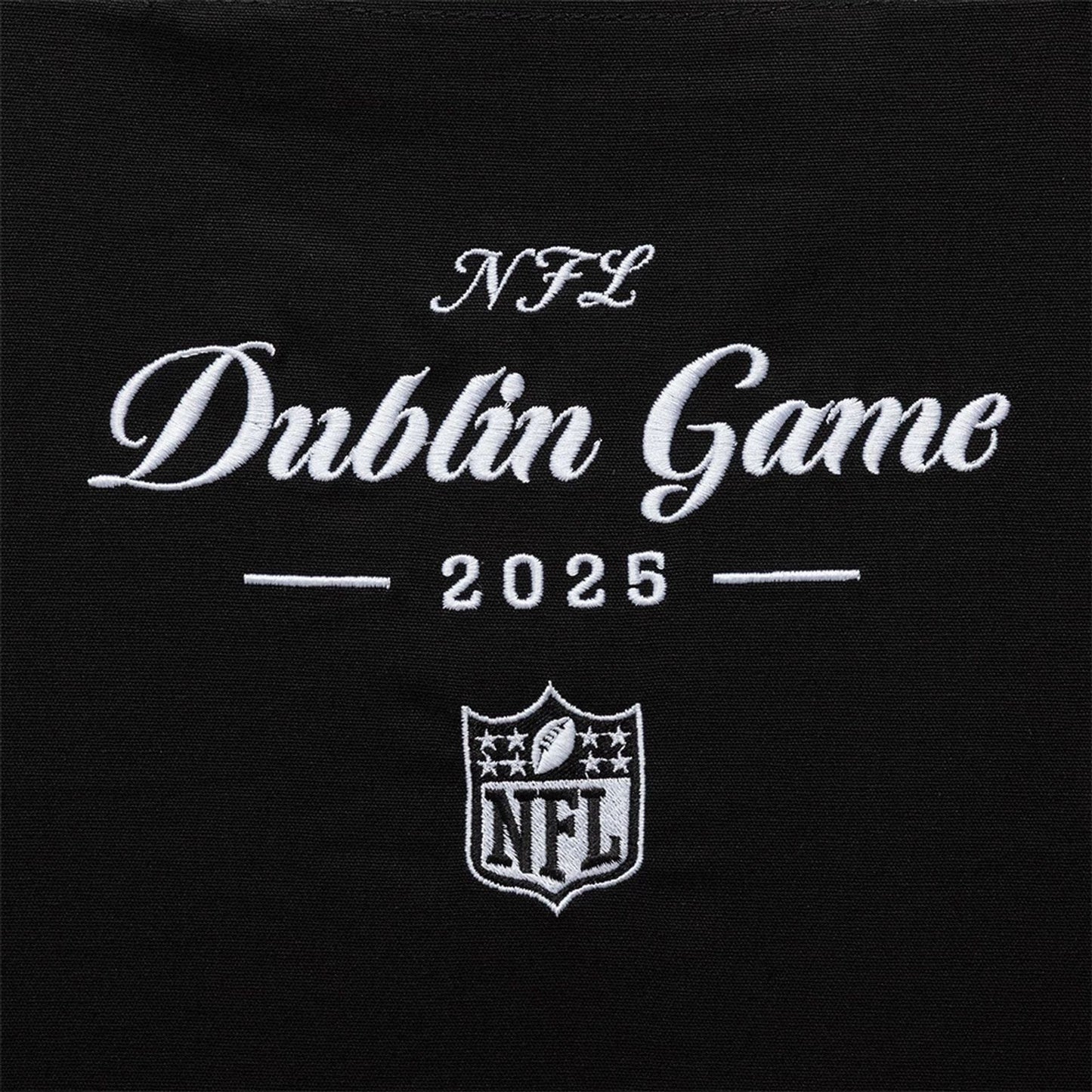 This is a Shield Logo NFL Dublin Game 2025 Black Tote Bag 3
