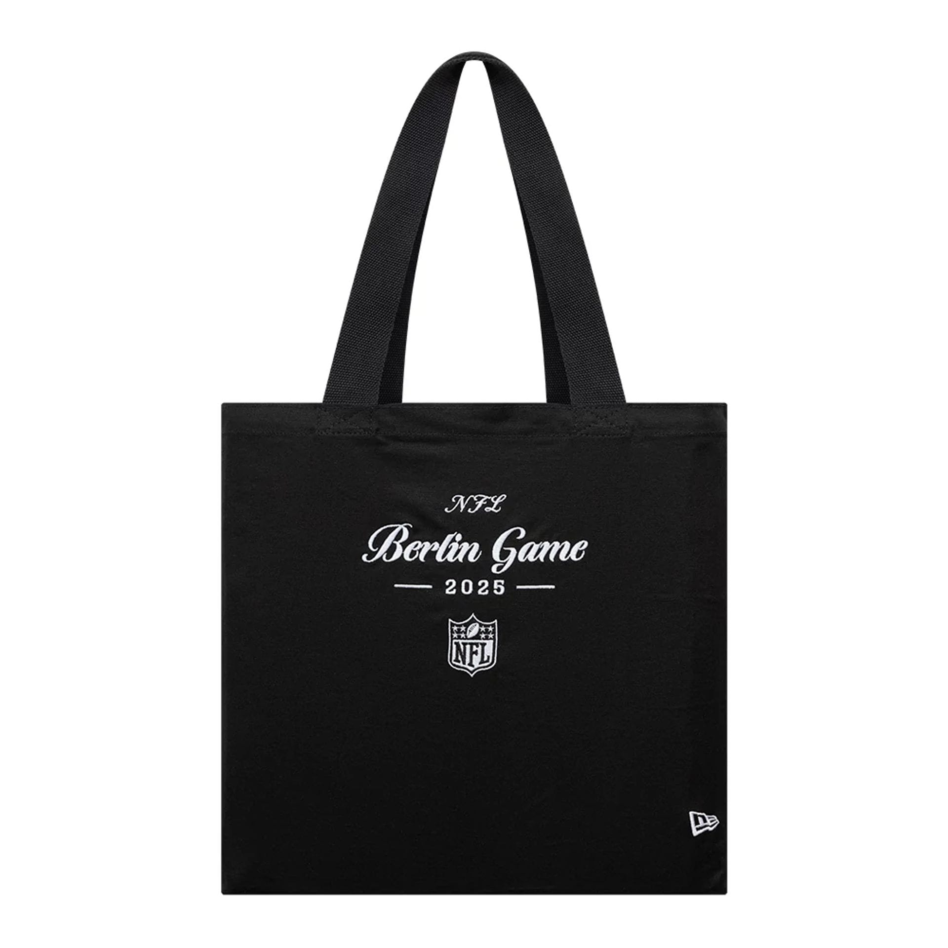 This is a Shield Logo NFL Berlin Game 2025 Black Tote Bag 1