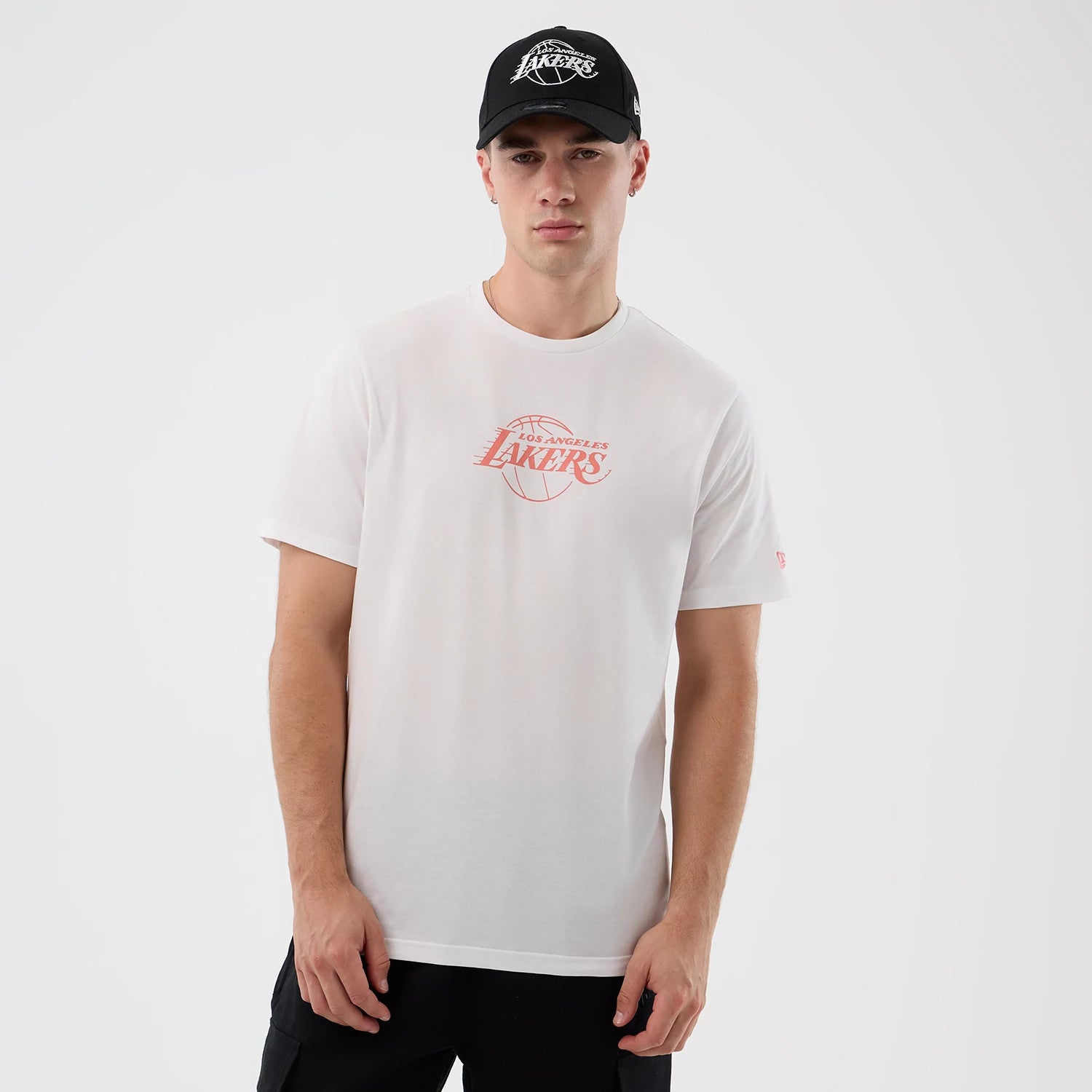 The Male model is wearing Lakers NBA Back To School Graphic White T-Shirt 1
