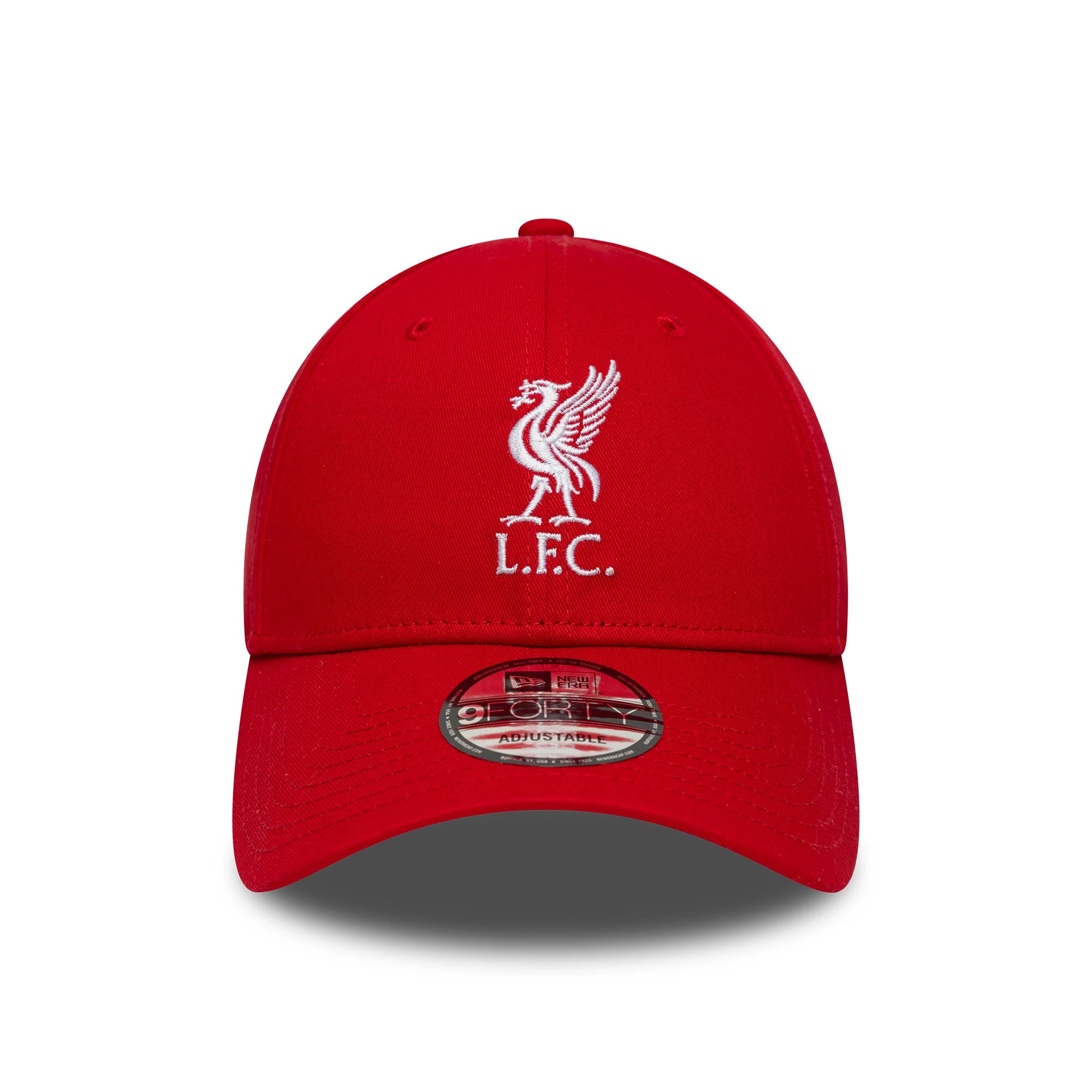 Liverpool FC Core Red New Era 9FORTY Adjustable Cap, front view showing a white embroidered L.F.C. liver bird logo on the structured red crown, with a curved visor and 9FORTY size sticker on top.