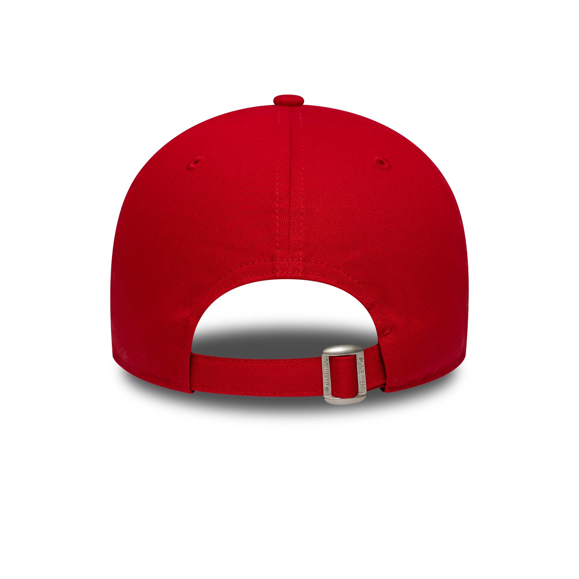 Liverpool FC Core Red New Era 9FORTY Adjustable Cap, rear view showing the curved red visor and an adjustable strap with a buckle, featuring a structured red crown and red top button.