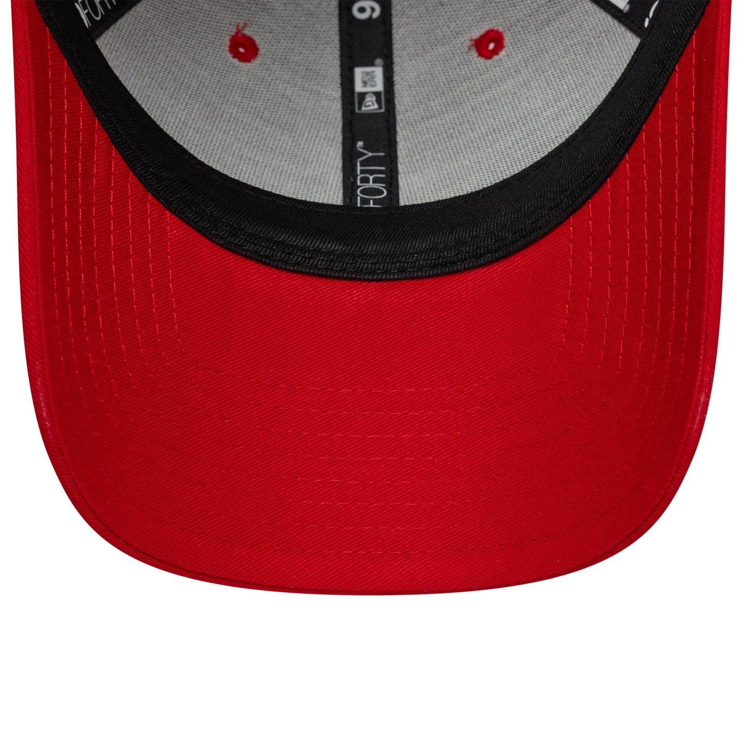 Liverpool FC Core Red New Era 9FORTY Adjustable Cap, inside view showing the black sweatband, grey interior panels with red eyelets, and black taping featuring a white 9FORTY logo under the red curved visor.