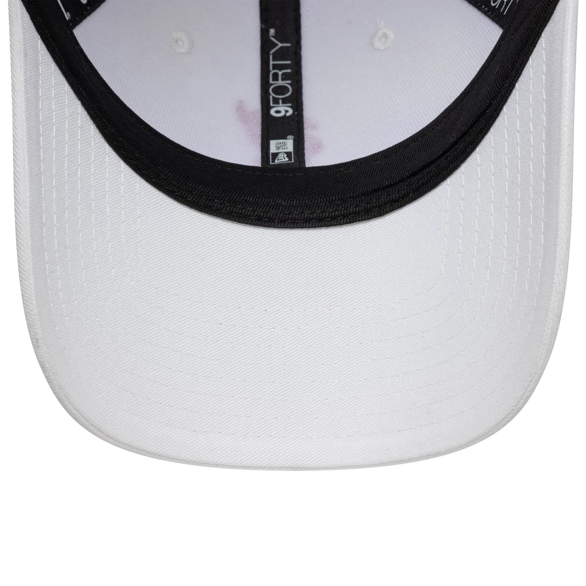 Liverpool FC Core White New Era 9FORTY Adjustable Cap, inside view showing white taping with a 9FORTY label on the central seam and a contrasting black sweatband around the white undervisor.