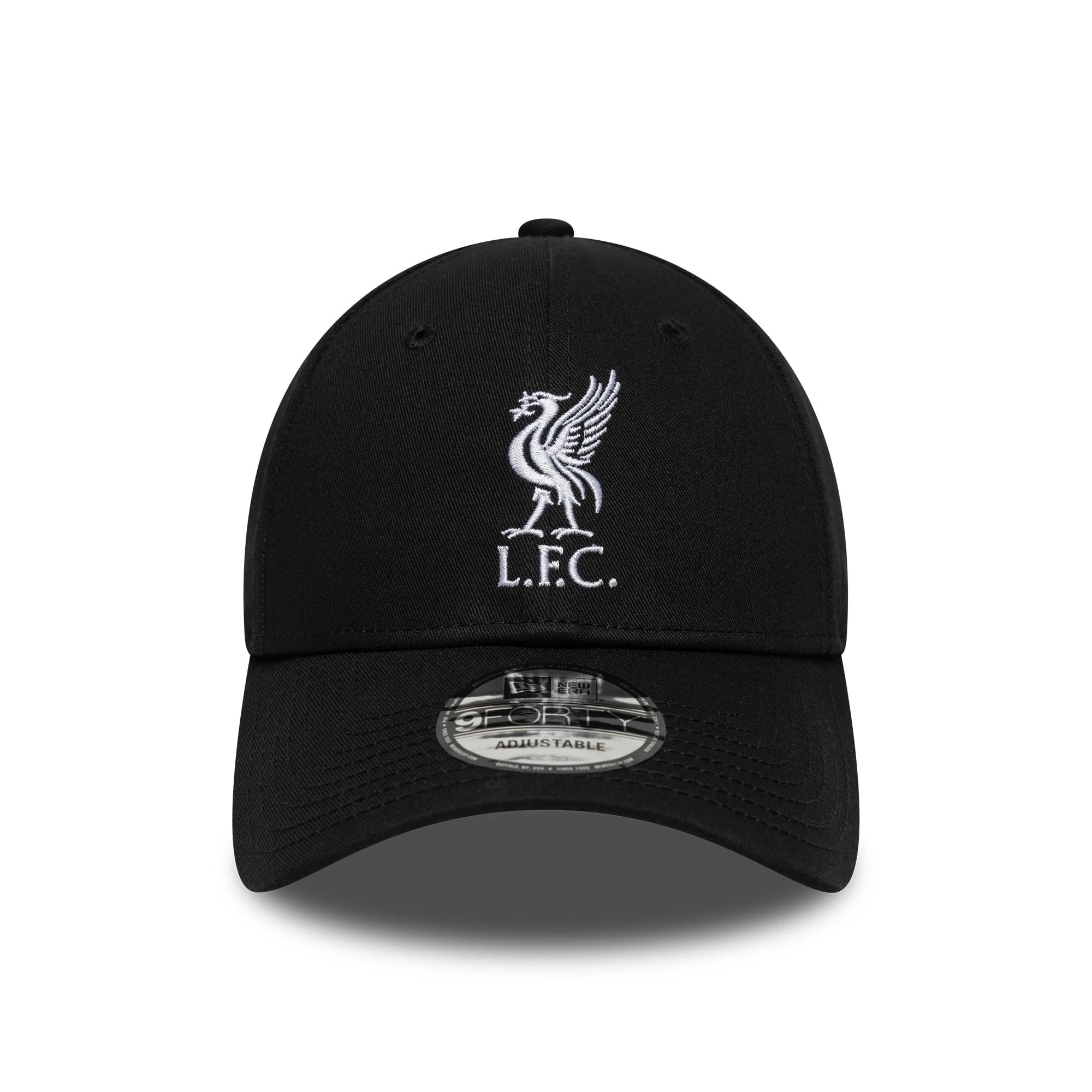 Liverpool FC Core Black New Era 9FORTY Adjustable Cap, front view showing the white embroidered Liver bird logo and L.F.C. lettering on the structured black crown, with a black curved visor and 9FORTY size sticker.