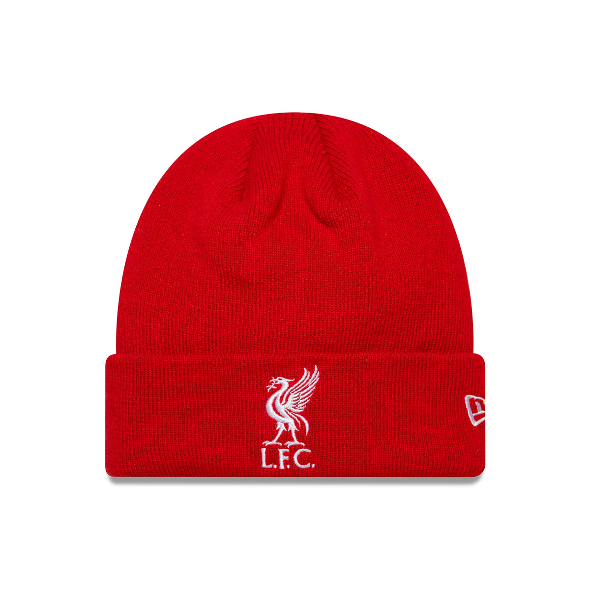 New Era Liverpool FC Core Red Cuff Knit Beanie, front view showing the white embroidered L.F.C. Liverbird logo on the folded red cuff, with the New Era flag logo on the side.