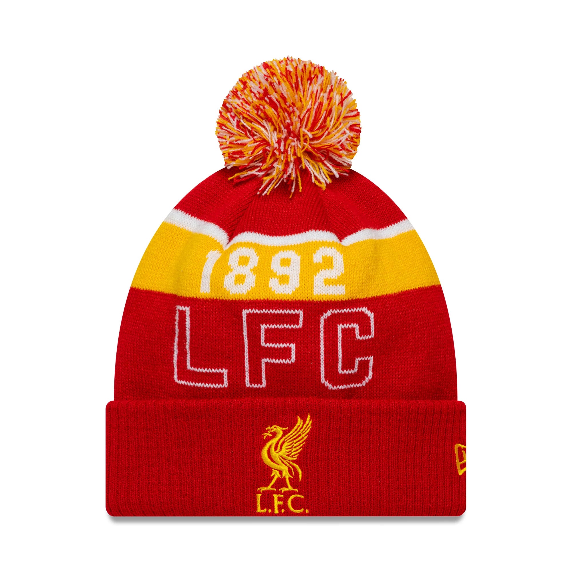 New Era Liverpool FC Sport Red Cuff Knit Beanie, front view showing yellow L.F.C. embroidery on the red cuff, a yellow and white knitted 1892 pattern above, a red, yellow, and white pom-pom, and the New Era flag logo on the right side.