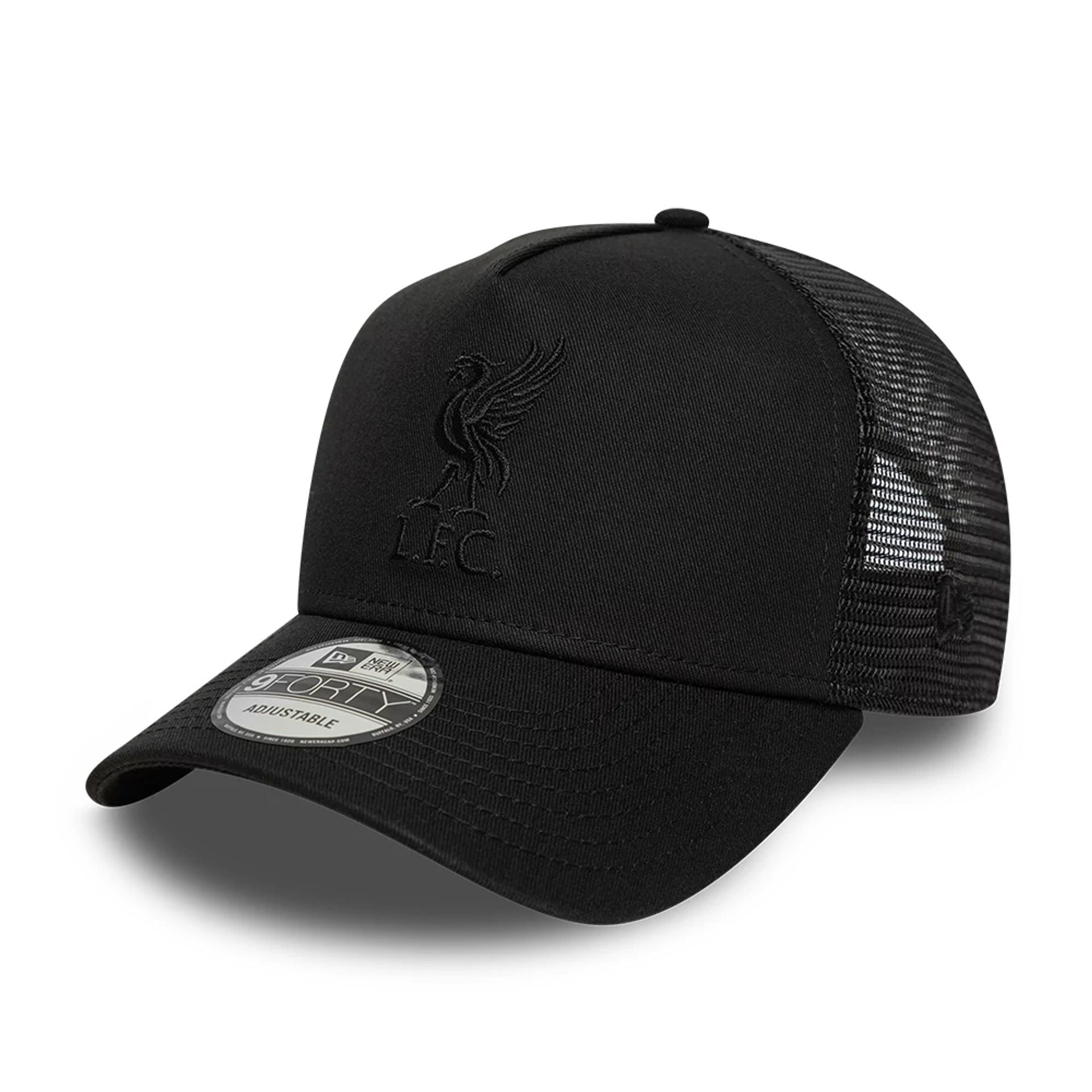 This is a Liverpool FC Tonal Black 9FORTY A-Frame Trucker Adjustable Cap 1