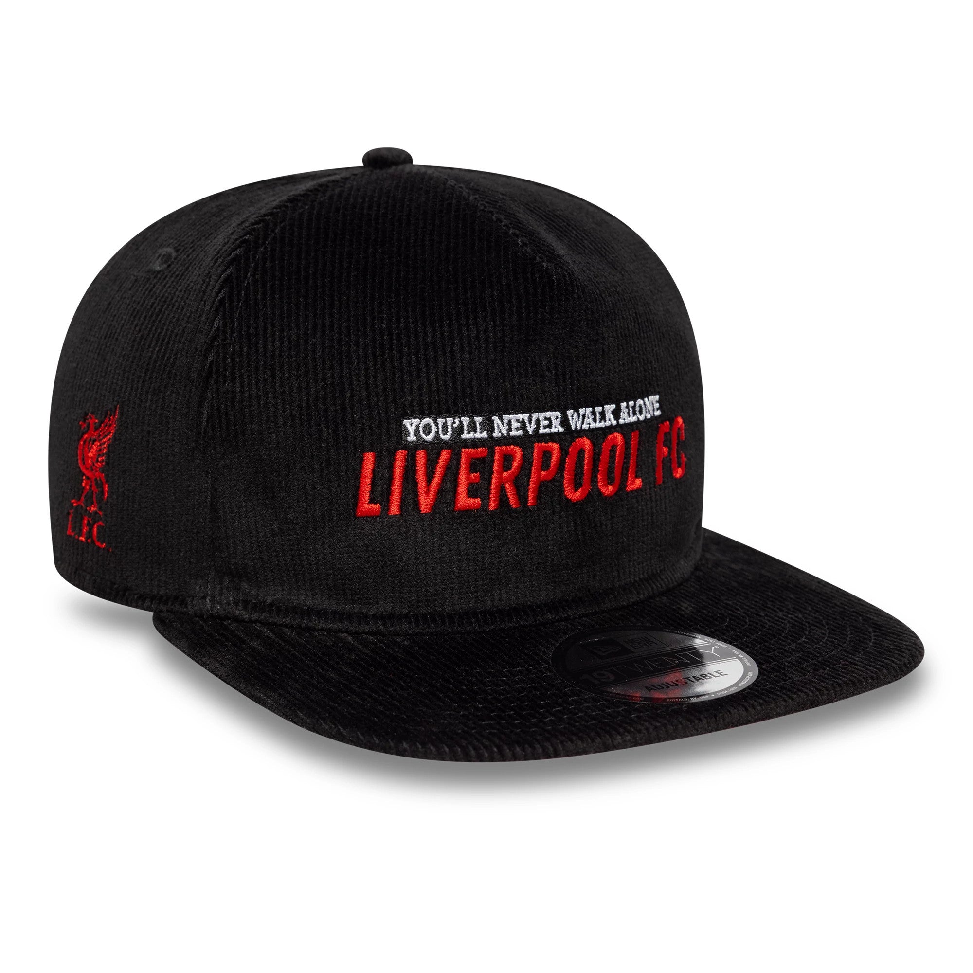 Liverpool FC Cord Black New Era 19TWENTY Adjustable Cap, three-quarter view showing raised red Liverpool FC embroidery and You'll Never Walk Alone text on the front panel, with a black flat visor featuring a 19TWENTY size sticker.