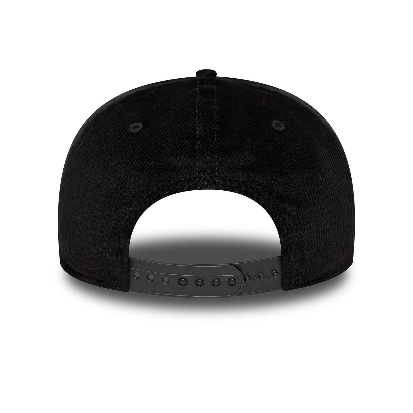 Liverpool FC Cord Black New Era 19TWENTY Adjustable Cap, rear view showing the black snap closure and black corduroy fabric texture on the unstructured crown, with eyelets evenly spaced above.