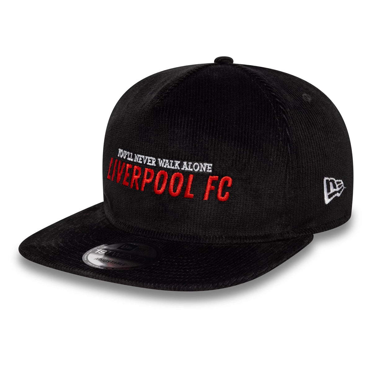 Liverpool FC Cord Black New Era 19TWENTY Adjustable Cap, three-quarter view showing the white You'll Never Walk Alone and red Liverpool FC embroidery on the front panel, with a black flat visor and 19TWENTY size sticker.