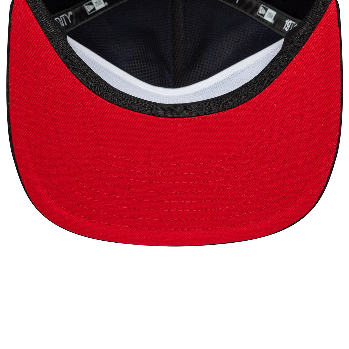 Liverpool FC Cord Black New Era 19TWENTY Adjustable Cap, inside view showing the red undervisor, white taping, and black sweatband, with the New Era logo and 19TWENTY printed on the inner taping.